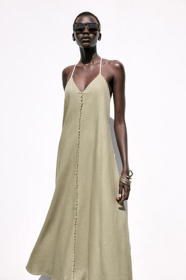 VOLUMINOUS LINEN BLEND MIDI DRESS - Light khaki by Zara - Image 6