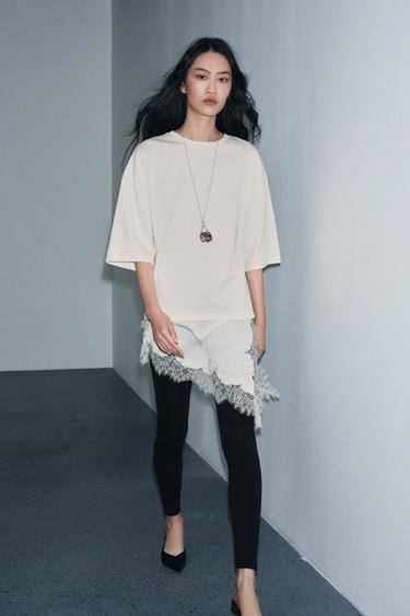 LACE COMBINED T-SHIRT - Ecru by Zara - Image 4