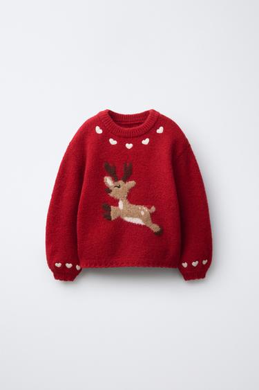 PRINTED REINDEER KNIT JUMPER - Red by Zara