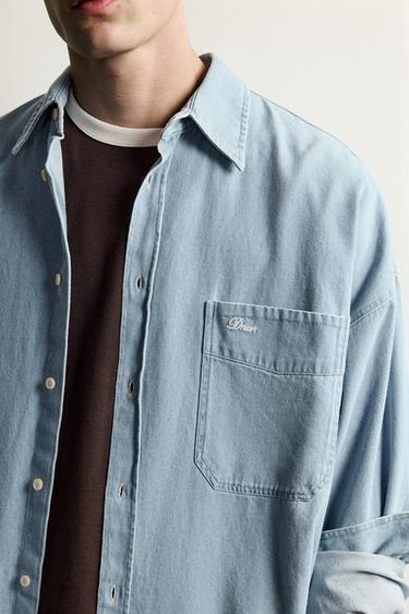 Zara RELAXED-FIT EMBROIDERED DENIM SHIRT - Sky blue