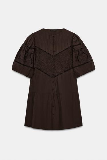 EMBROIDERED POPLIN MINI DRESS - Brown by Zara
