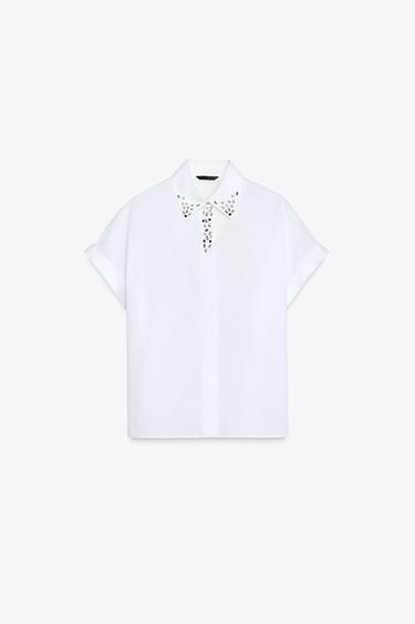 POPLIN SHIRT WITH JEWEL COLLAR - White by Zara - Image 6