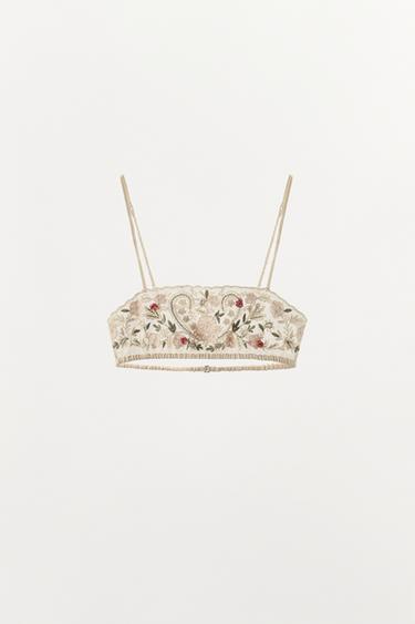 SUJETADOR TUL BORDADOS ABALORIOS - Crudo de Zara