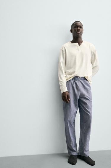 ENSEMBLE DE PYJAMA COL TUNISIEN COMBINÉ À RAYURES - Écru / Bleu de Zara - Image 6