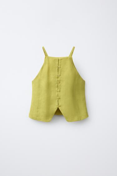 Zara 100% LINEN HALTER TOP - Olive green