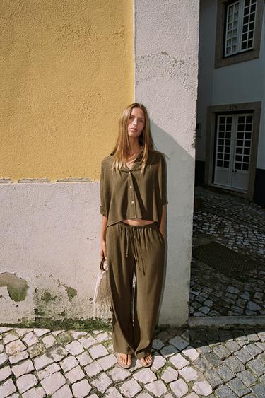 SHORT SLEEVE FLOWING SHIRT SET - Olive green by Zara