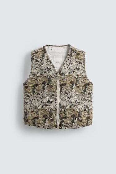 Zara ABSTRACT PRINT QUILTED VEST - Ecru