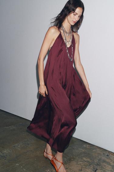 Zara ZW COLLECTION SATIN LONG DRESS - Maroon - Image 0