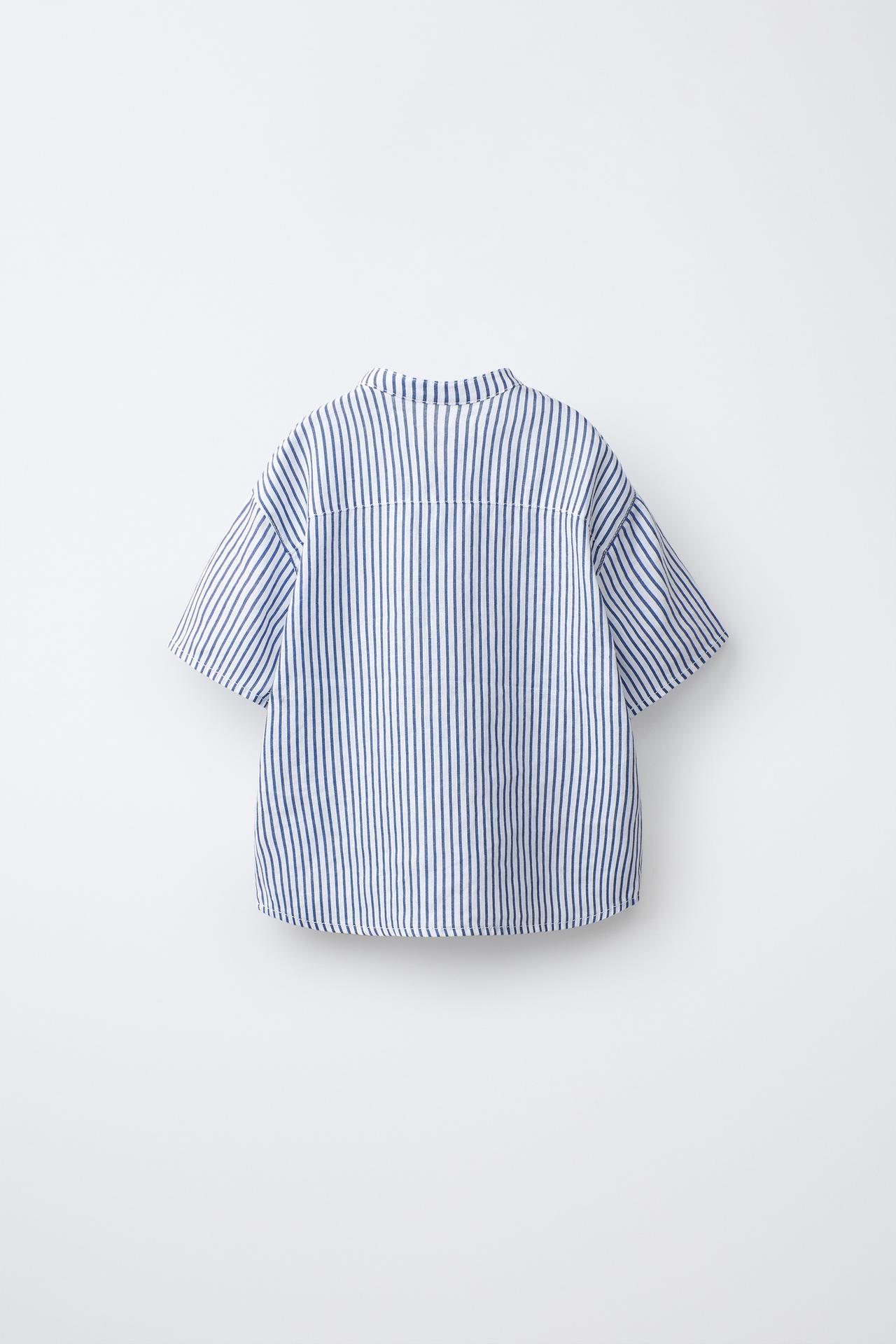 100% LINEN MANDARIN COLLAR SHIRT — striped
