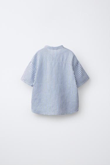 100% LINEN MANDARIN COLLAR SHIRT — striped 2