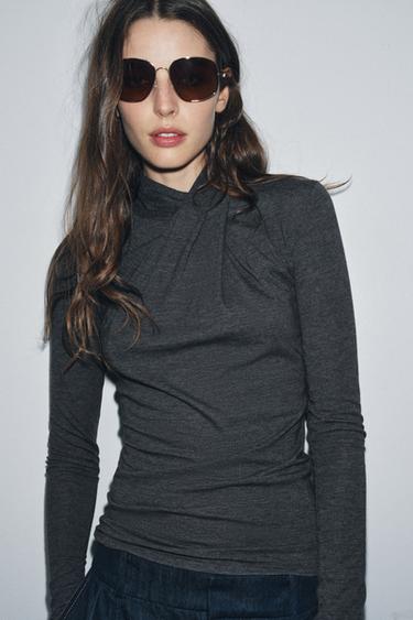 T-SHIRT WITH DRAPED FRONT - Dark grey marl by Zara - Image 1