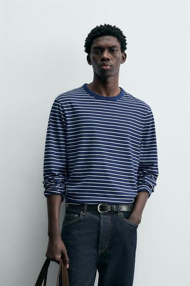 CAMISETA JACQUARD RAYAS - Azul / Índigo de Zara