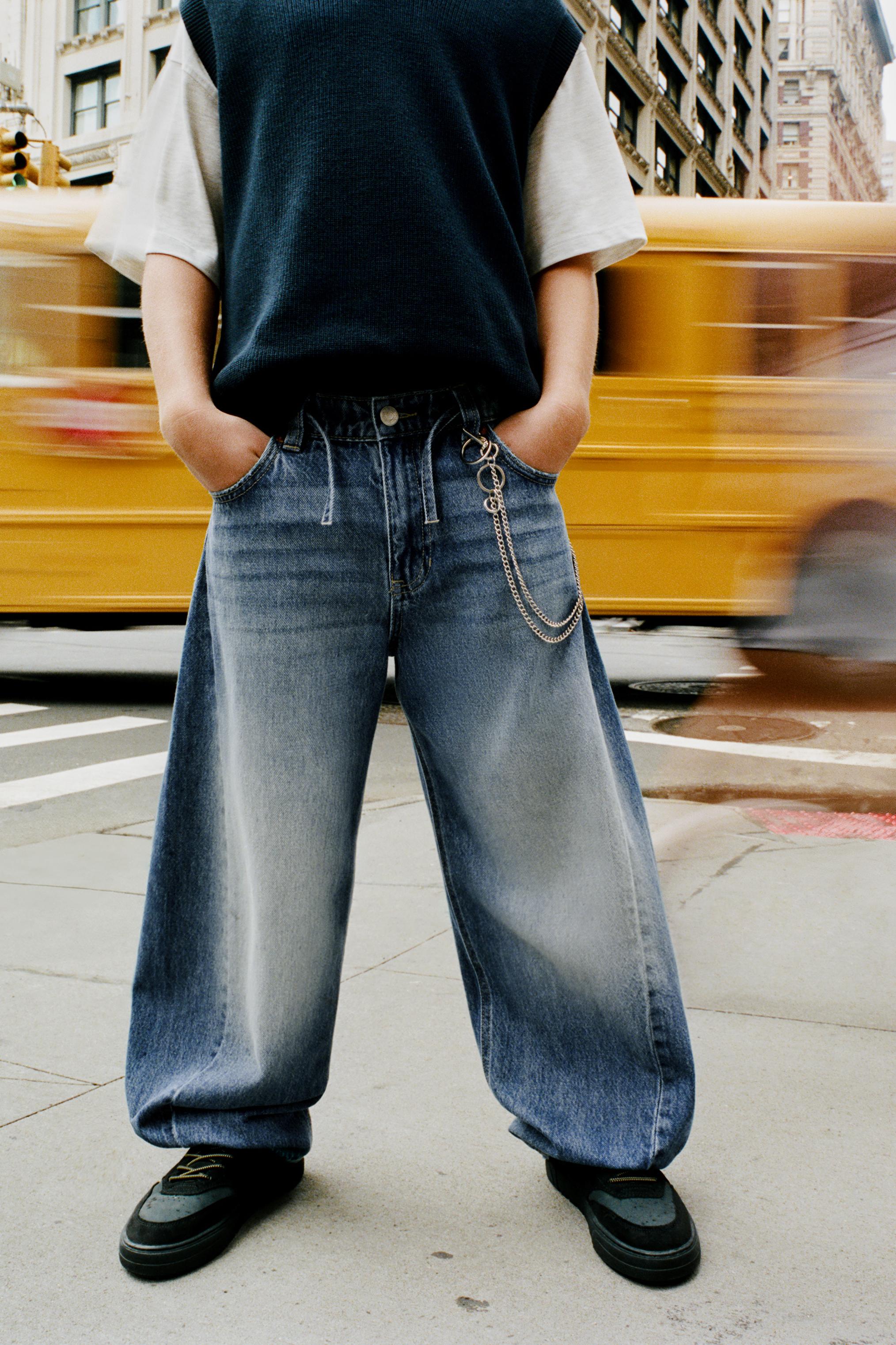 BARREL JEANS WITH DRAWSTRING BELT — Mid-blue