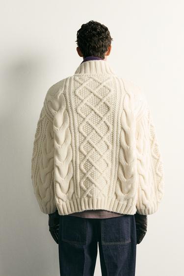 Zara RELAXED FIT CABLE KNIT JUMPER - Oyster-white