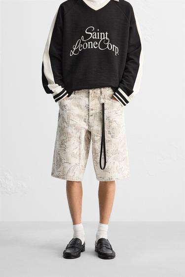 Zara 抽象印花牛仔短褲 - 裸色