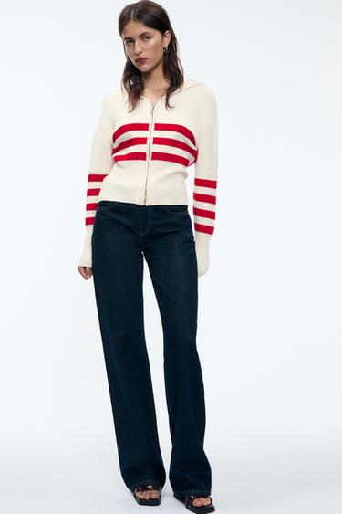 Zara STRIPED KNIT CARDIGAN - White / Red