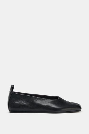 SQUARE TOE LEATHER BALLERINAS - Black by Zara