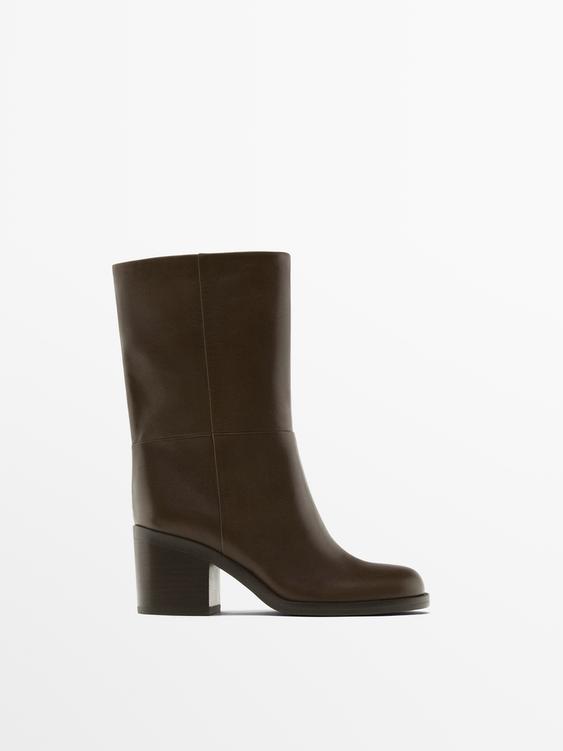 Leather ankle boots with block heels Brown ZARA United States