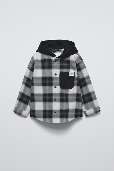 CHECK SHIRT WITH HOOD - Black / White by Zara