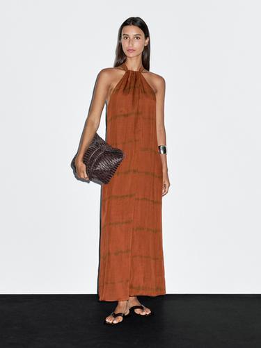 Zara Long striped halter dress - Brick