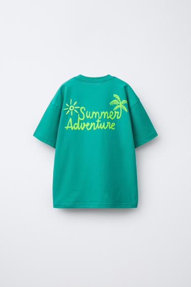 EMBROIDERED SLOGAN T-SHIRT - Green by Zara - Image 1