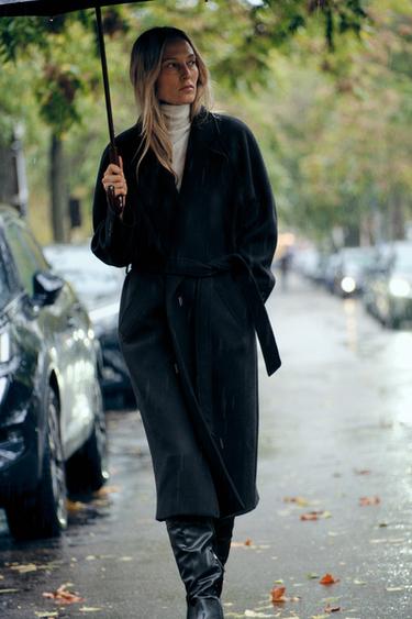 LONG WOOL BELTED COAT - Black by Zara