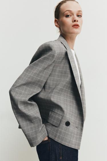 Zara PLAID CROPPED BLAZER - Grays