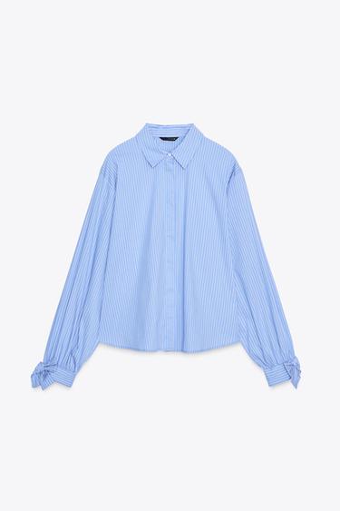 CHEMISE EN POPELINE AVEC LACETS - Bleu / Blanc de Zara
