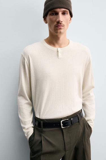 COTTON-CASHMERE BUTTON NECK SWEATER - Ecru by Zara - Image 6