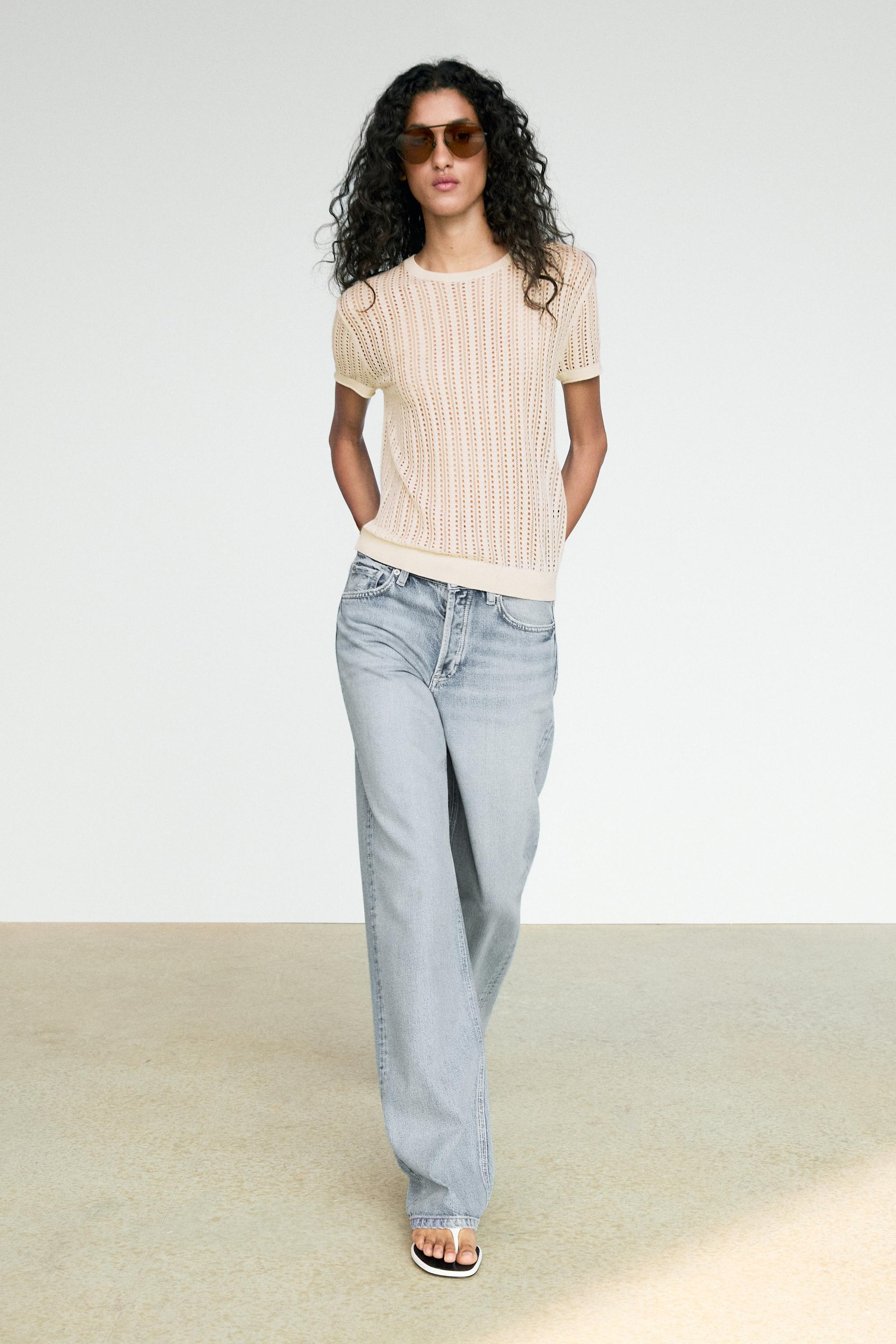 Short sleeve cutwork knit top - Ecru | ZARA United States