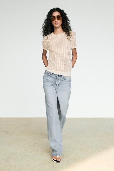 Zara Short sleeve cutwork knit top - Ecru - Image 0