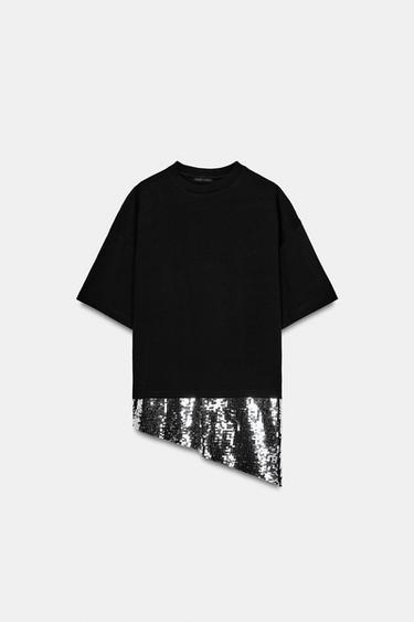 ASYMMETRIC SEQUIN T-SHIRT - Black by Zara