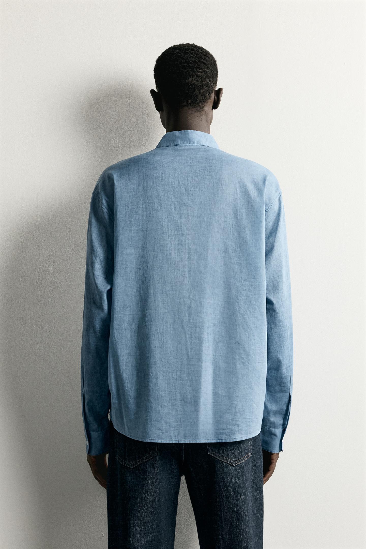 Мужская рубашка Zara Washed-Effect Relaxed-Fit, цвет: Синий меланжевый — фото 3