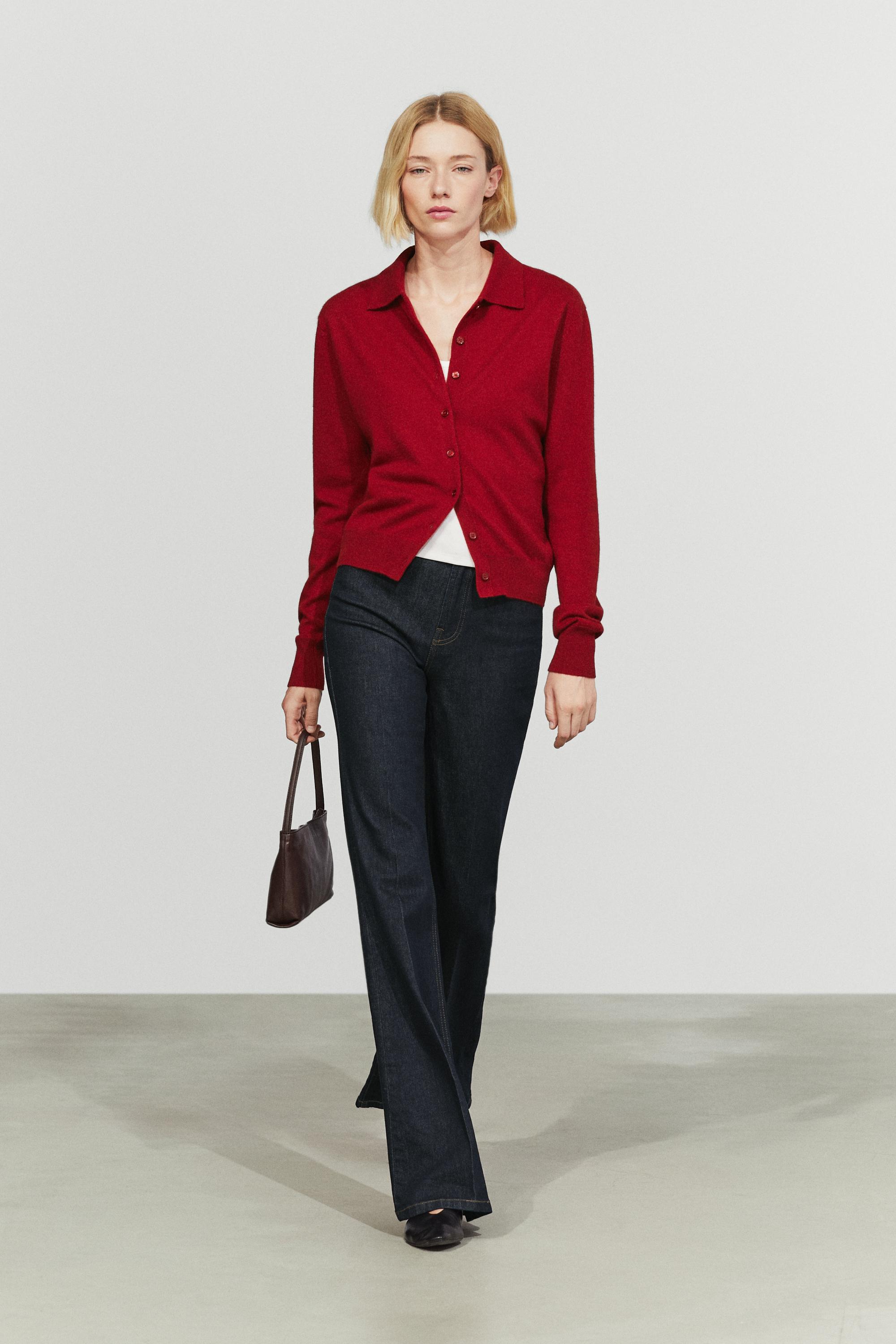 100% cashmere knit polo collar cardigan — Maroon