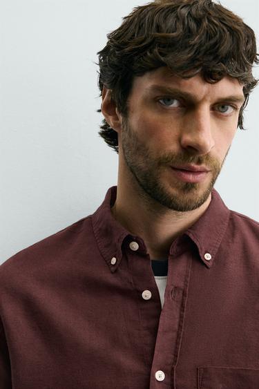 LINEN - COTTON SHIRT - Burgundy by Zara
