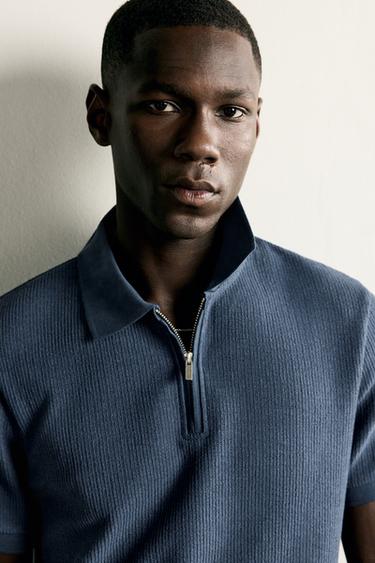Zara REGULAR FIT ZIP POLO SHIRT - Navy blue