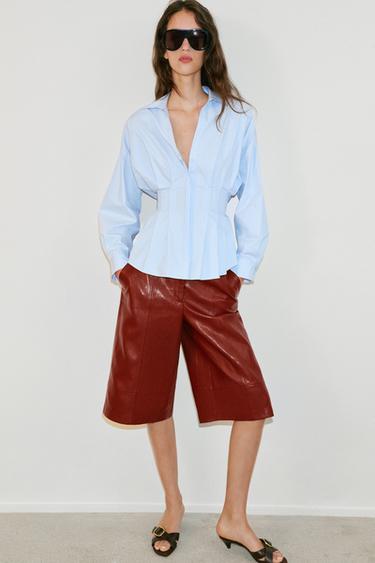 Zara PLEATED POPLIN SHIRT - Light blue
