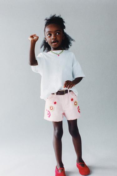 Zara FLORAL CROCHET TWILL SHORTS - Pink / White