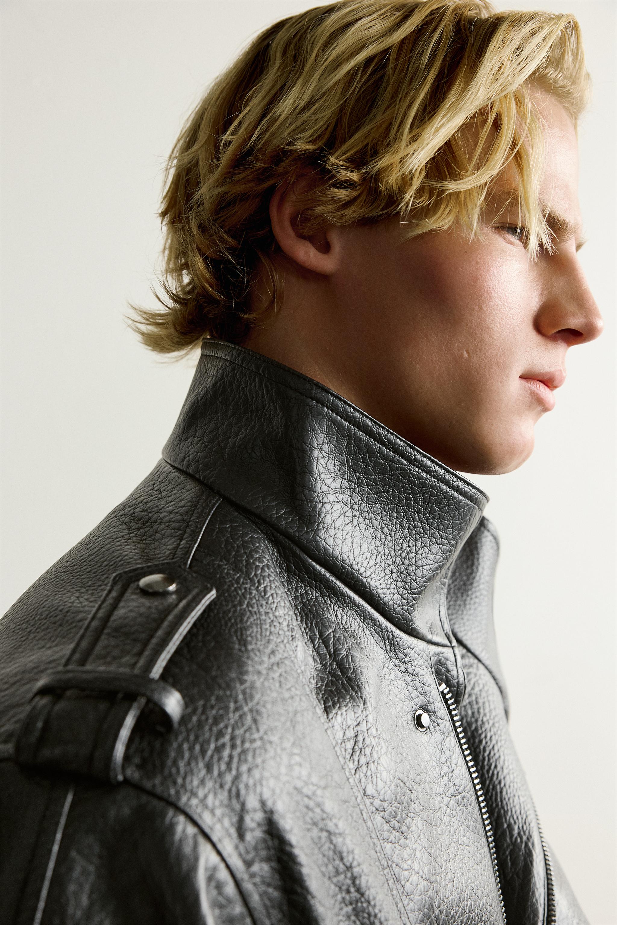 RELAXED FIT FAUX LEATHER BIKER JACKET