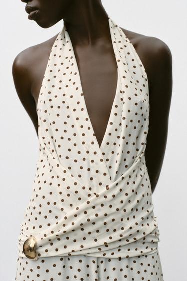 HALTER JUMPSUIT WITH POLKA DOTS - Ecru / Brown by Zara - Image 4