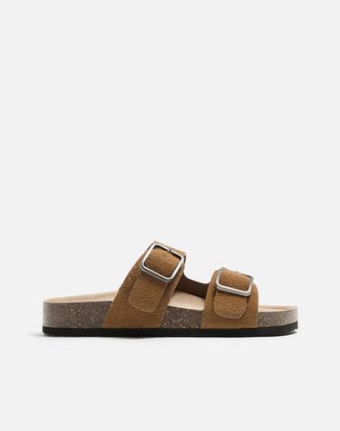 DOUBLE-STRAP LEATHER SANDALS - Cognac Brown by Zara