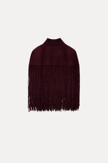 KNIT CAPE WITH FRINGING - Burgundy by Zara - Image 1