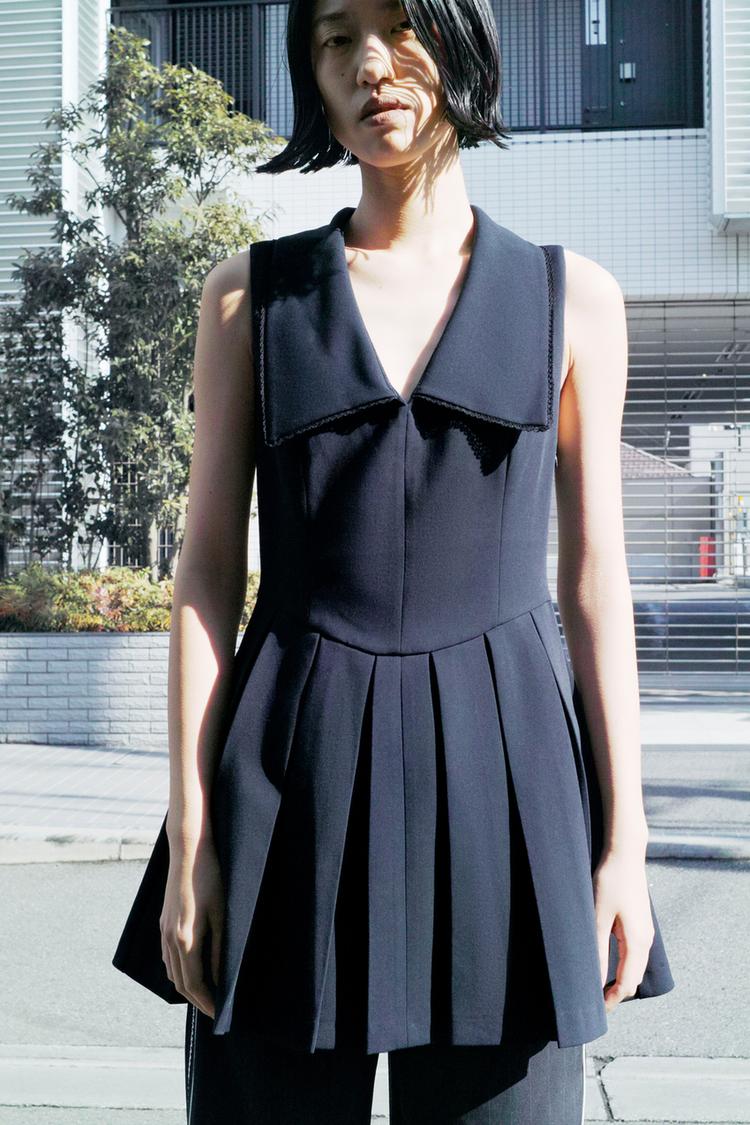 プリーツカラーショート丈ワンピース - ダークネイビーブルー | ZARA 