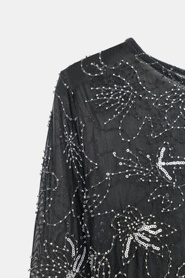 Zara BEADED EMBROIDERED DRAPED TULLE TOP - Black