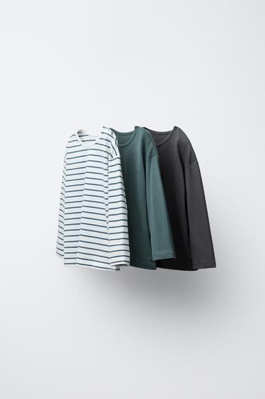 Zara THREE-PACK OF SOLID AND STRIPED T-SHIRTS - Petrol blue