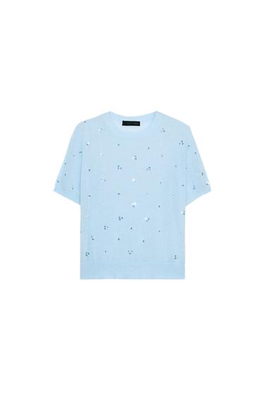TOP EN MAILLE MANCHES COURTES PAILLETTES - Bleu pastel de Zara