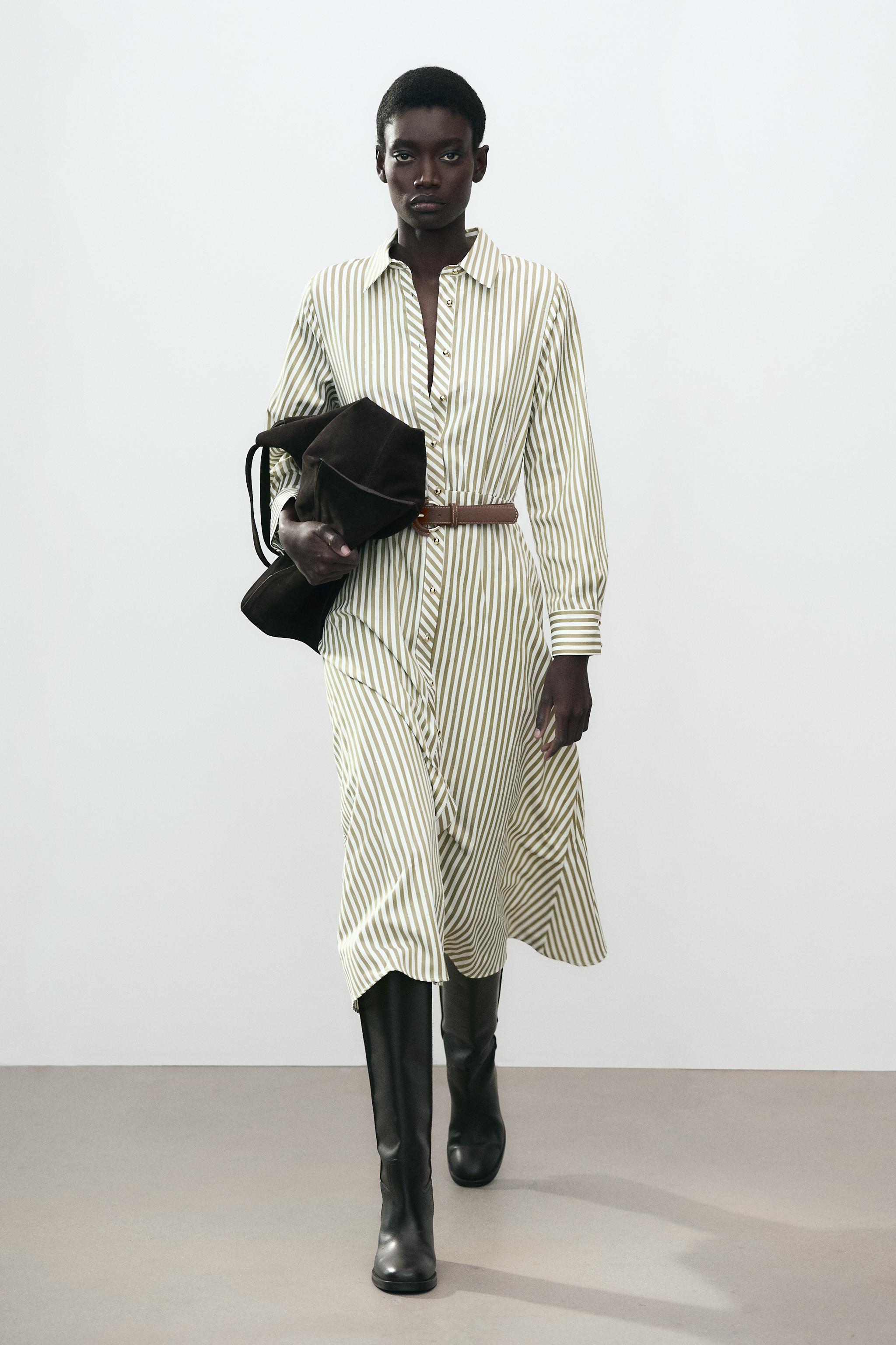 SHIRT DRESS WITH BELT - Green stripe | ZARA South Africa
