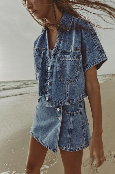 Zara Z1975 短版牛仔襯衫 - 中藍色