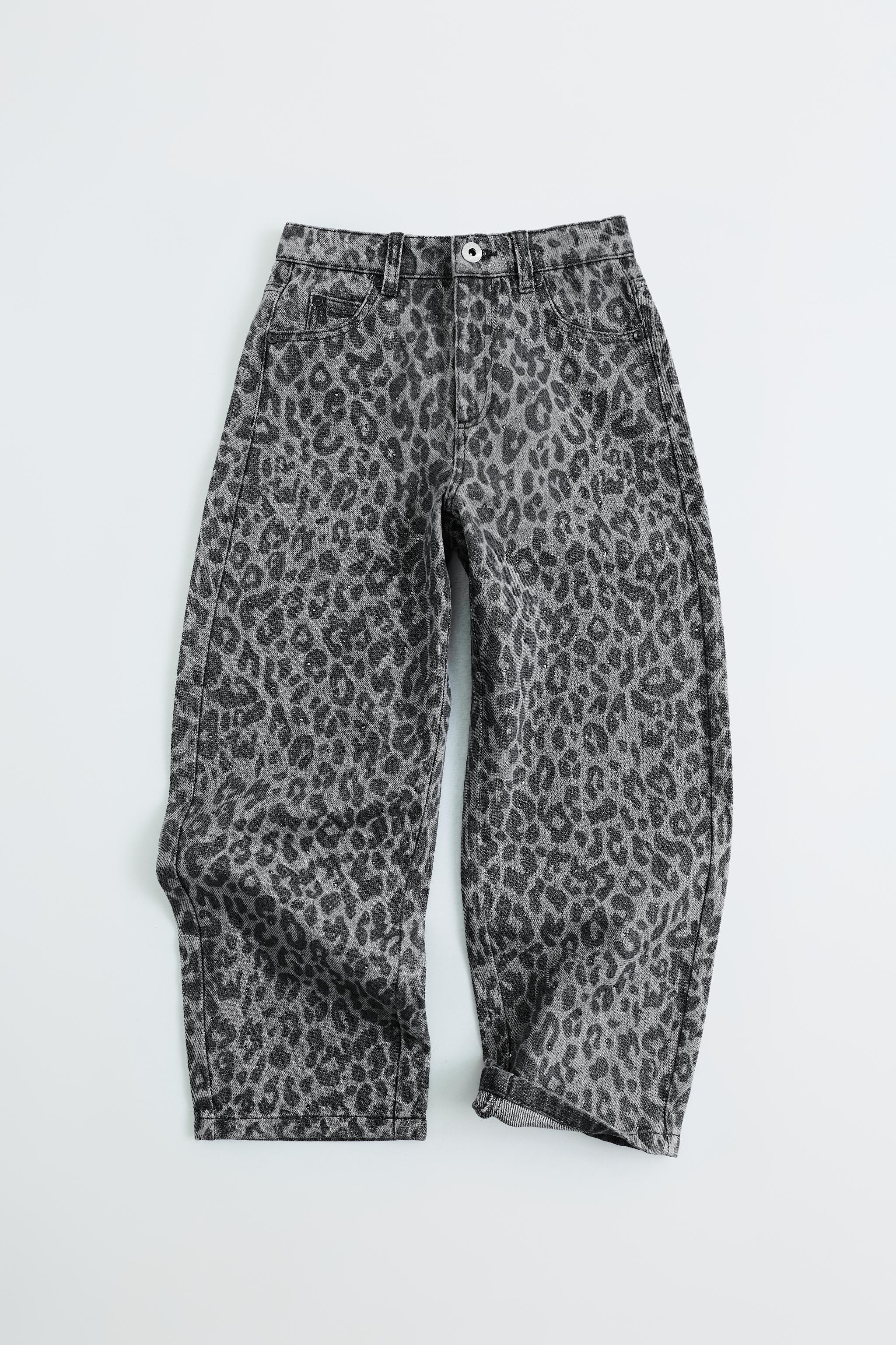 ANIMAL PRINT RHINESTONE BARREL JEANS — Stone