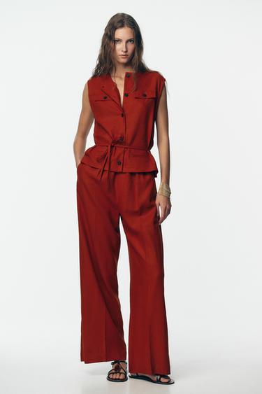 LINEN BLEND WAISTCOAT JUMPSUIT - Brick by Zara